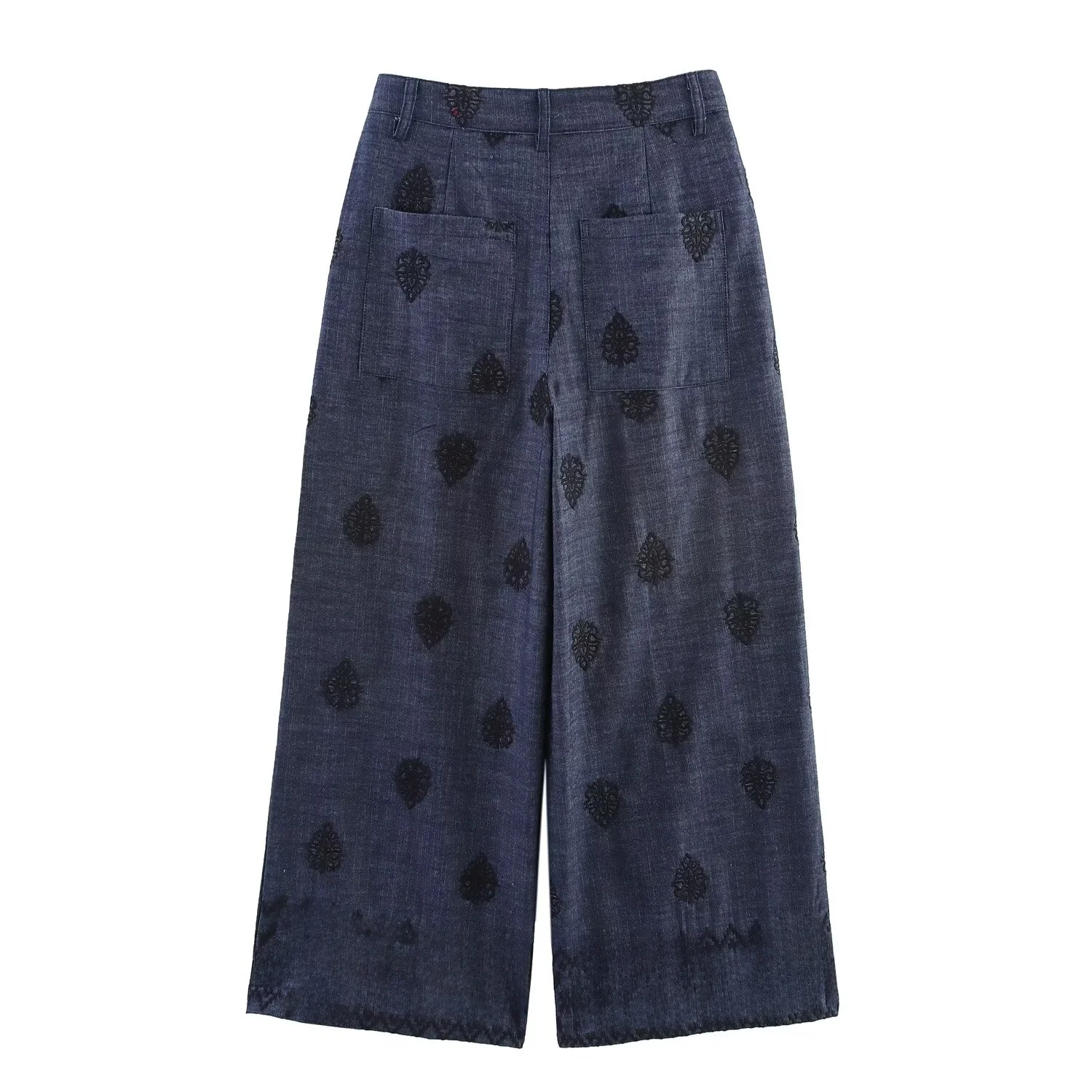 JNLEAOG Herfst Nieuwe vrouwen Wijde Pijpen Broek Geborduurde Bal Decoratie Top Ademend Polyester Lange Sve V-Ne irt