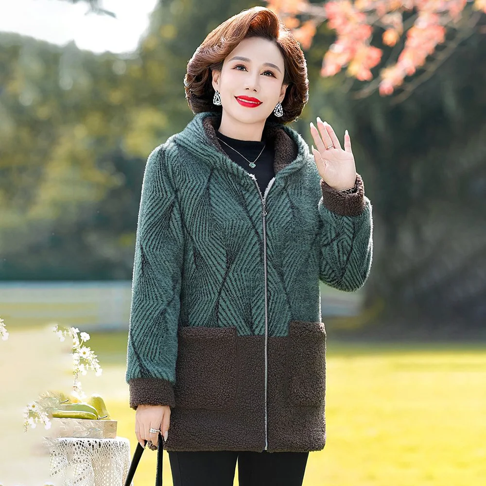 Fashion Mother Winter Mink Velvet Thick Coat New Hooded Printing Middle-aged And Old Ladies Warm Cotton-padded Jacket Tide 5XL.