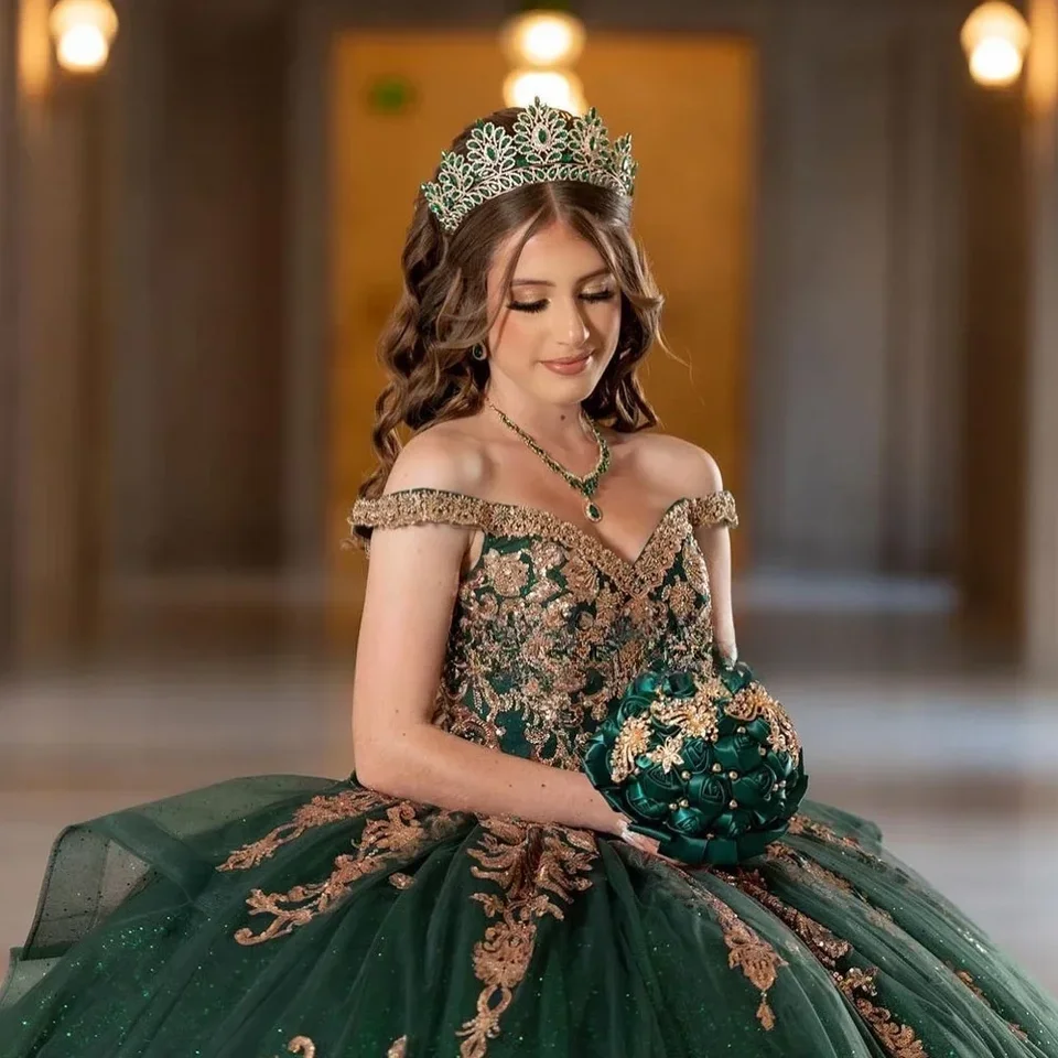 Vestido Verde Esmeralda Quinceaera Emerald Green Quincenara Dress 2024 Bow  Mexico Gold Lace Vestidos