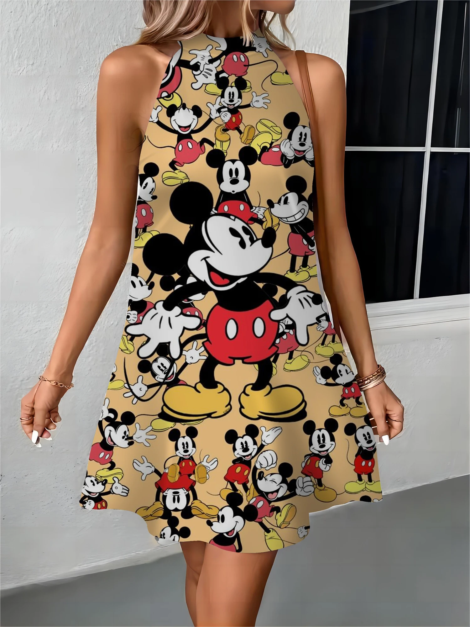 Vestido de Minnie Mouse para mujer, delantal con hombros descubiertos, Disney, lazo de Mickey, moda de verano, 2024