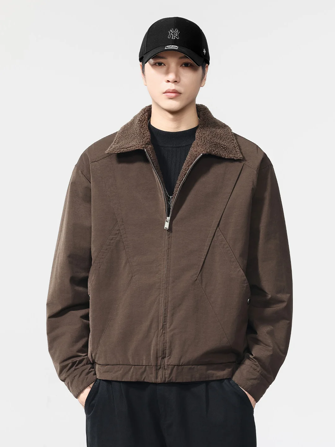 

American Retro Thiened Lamb Velvet Collar Workwear Jaet Men's Winter Casual Loose Cotton Coat Warm Elastic Hem Youth Dail...