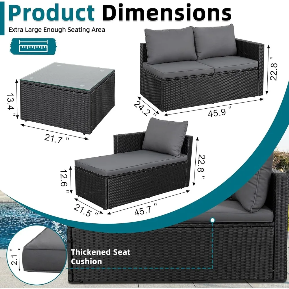 SUNLEI All Weather PE Rattan Patio Sofa Set Detachable Soft Cushions Outdoor Garden Black Rattan Grey