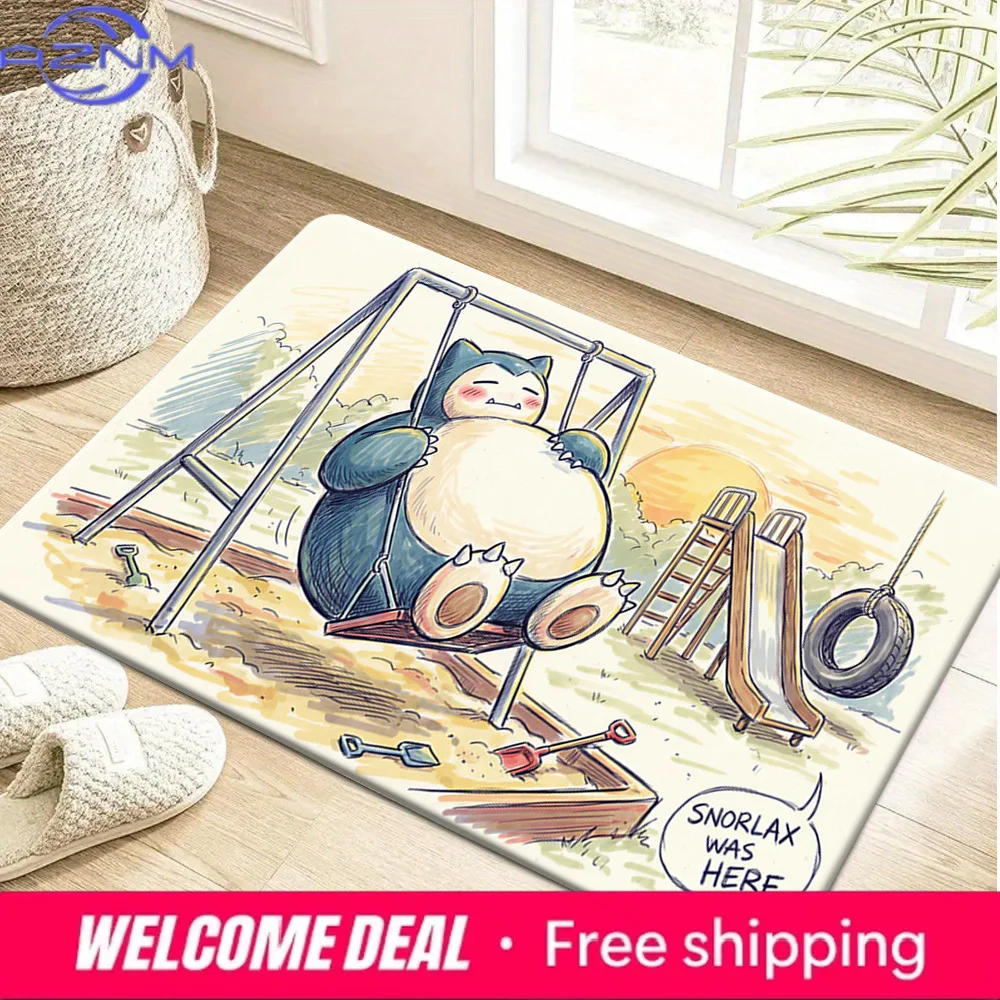 Cute Snorlax On Playground Swing Cartoon Print Soft Non-slip Absorbent Indoor Home Decor Doormat Floor Rug
