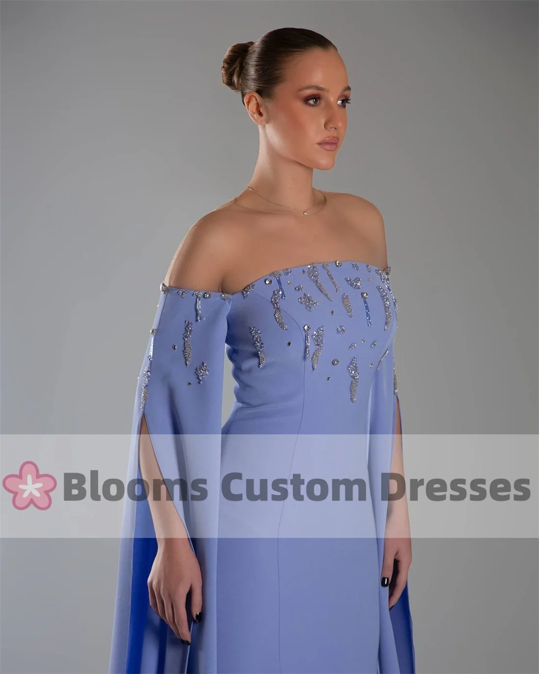 Customized Gorgeous Off Shoulder Beaded Long Evening Dresses Mermaid Long Slit Sleeves Prom Dress Wedding Formal Occasion Gown