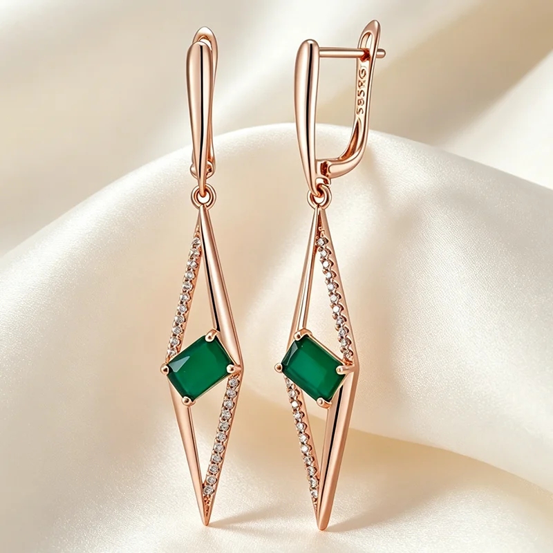 Kinel Hot Square Green Natural Zircon Lange Tropfenohrringe für Damen, modisch, 585er Roségold, Accessoires, Hochzeit, Party, Alltag, Schmuck