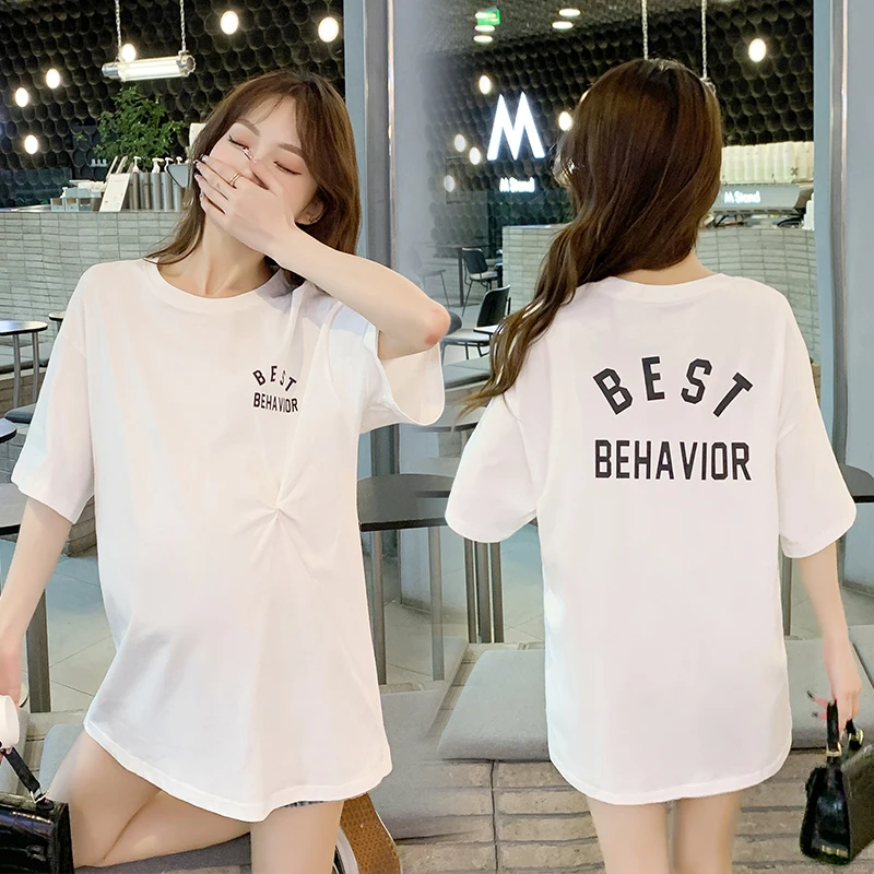 

2024 Summer Maternity Cotton T-shirt Fashion Letters Printing Short Sleeve Loose Pregnant Women's Tops Long Loose Pregnancy Tees