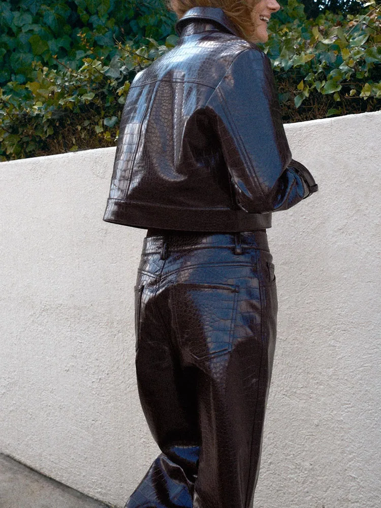 Faionable الجلود الاصطناعية Jaet جديد وصول الشتاء الملابس النسائية iny السراويل تخفيف Sle طويل Sve ort معطف