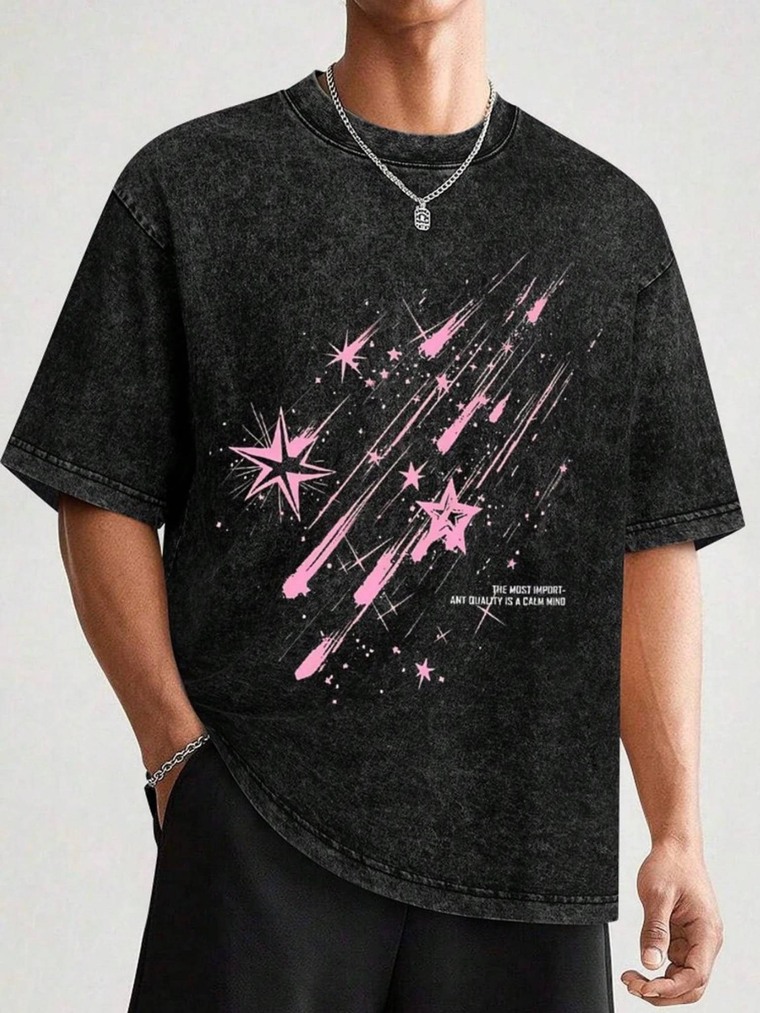 Men's Summer Crew Neck Short Sleeve T-shirt Vintage Washed Meteor Star Print Loose Retro Streetwear Casual Daily Fashion Top