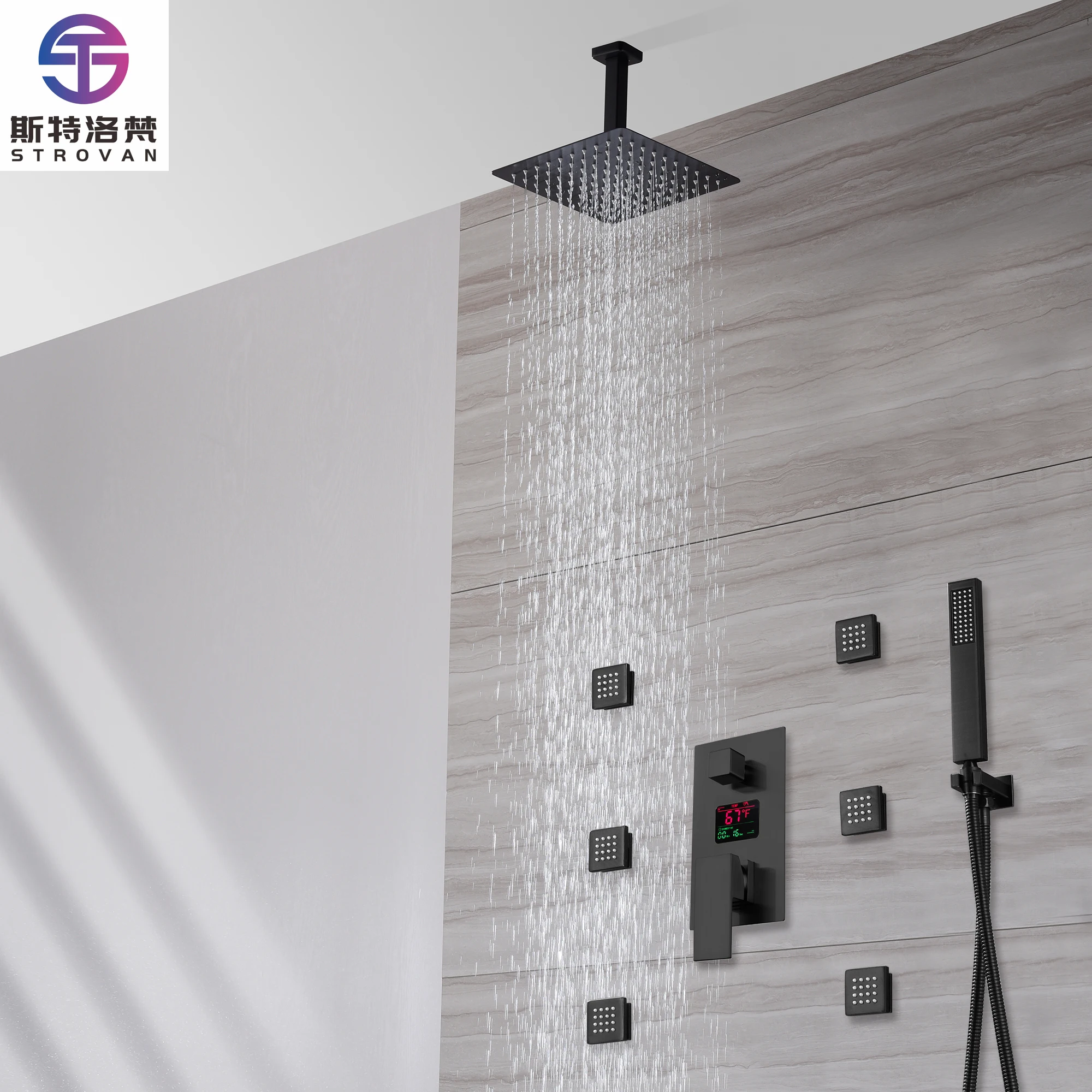 

Black Digital Display Anti-scalding Luxury Shower Set With Body Jet for Bathroom