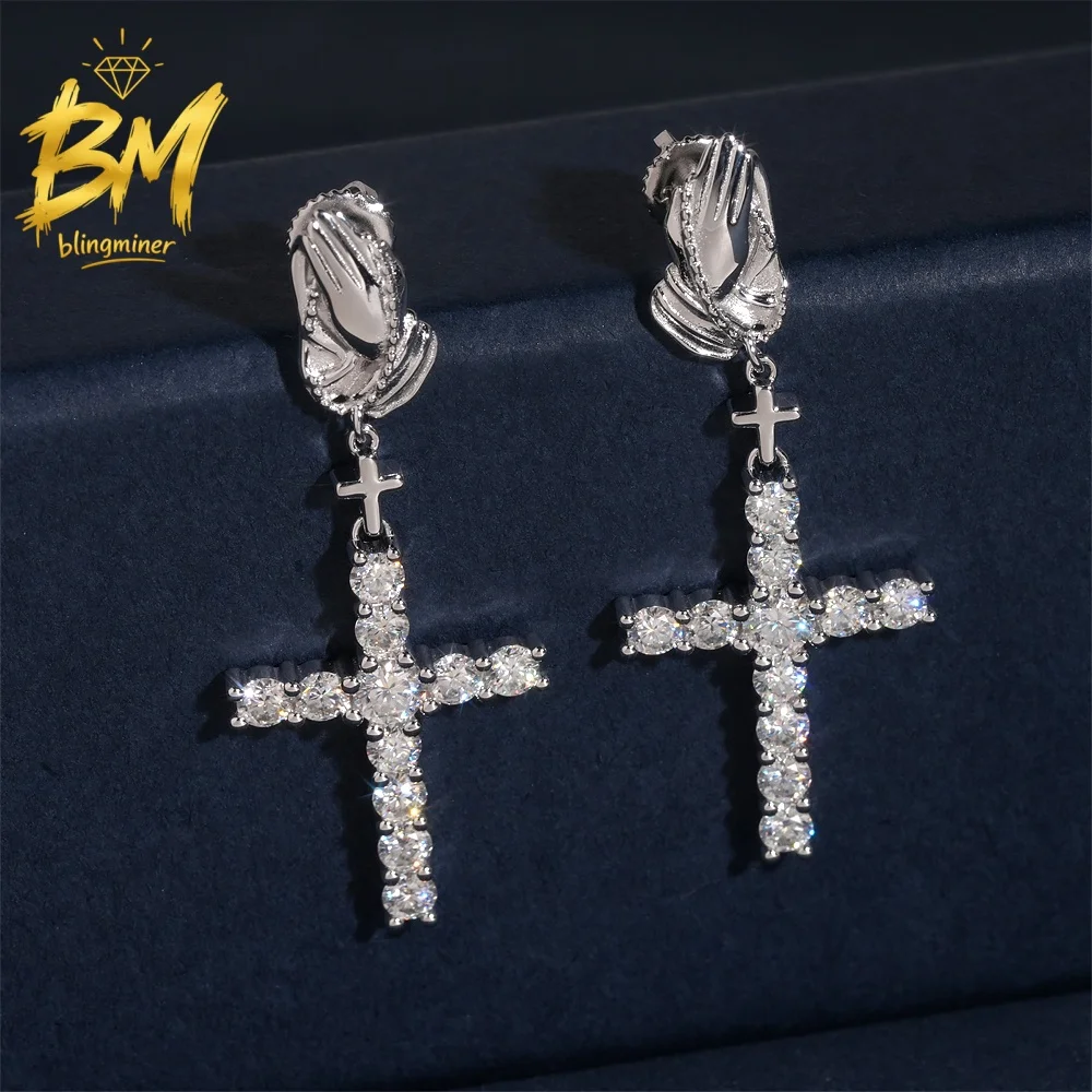 Blingminer Cross Pray S925 Silver VVS Moissanite Earrings For Men Women Ear Studs Jewelry Pass Diamonds Tester Free Shipping