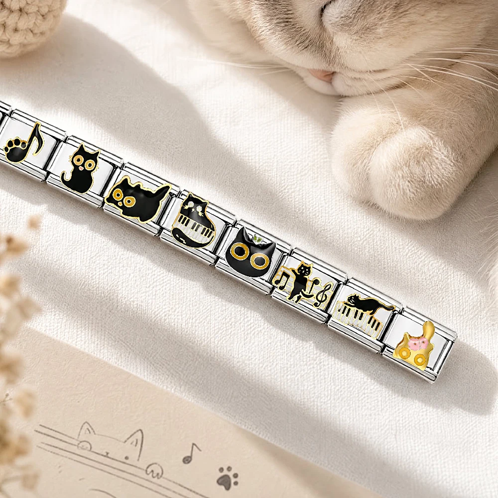Hochwertiges Armband mit Klaviermuster, Musik- und Katzenmotiven für Damen und Herren, zum Selbermachen, passend für 9-mm-Edelstahl-Perlen und -Charms, italienischer Schmuck – Detail 3