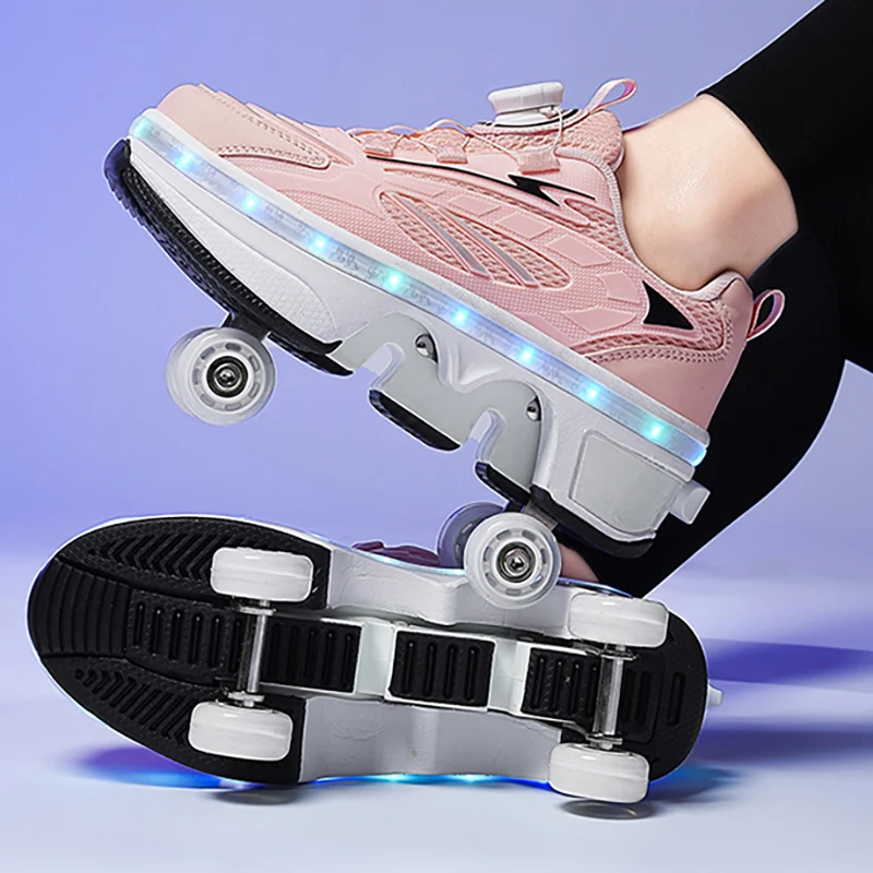 Patins à roulettes pour jeunes, chaussures d'extérieur avec lumières, chaussures de sport multifonctions à boucle rotative