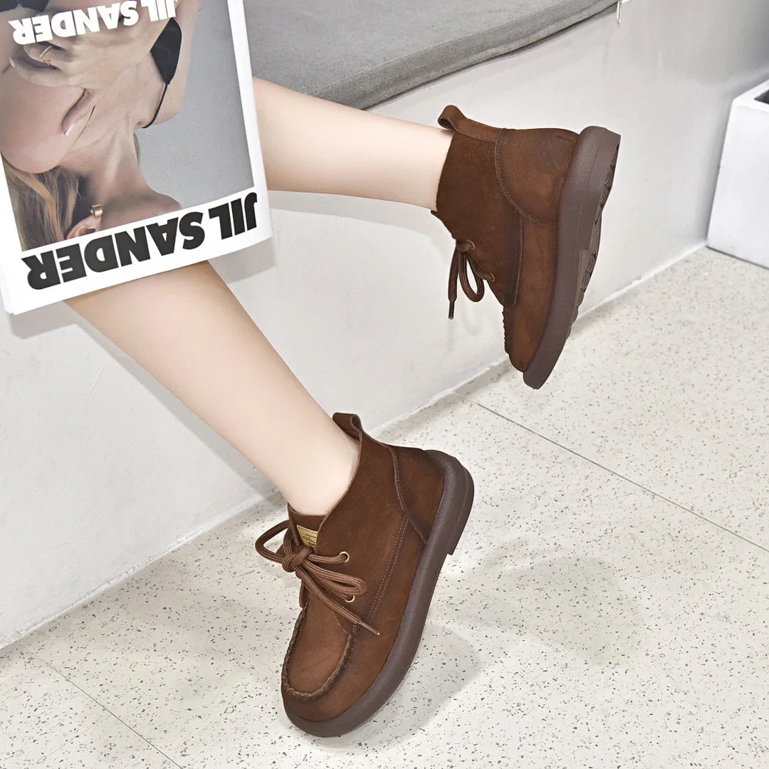 Flat Martin boots for women 2023 autumn/winter new round head lace-up casual short boots frosted cowhide comfortable women's boo