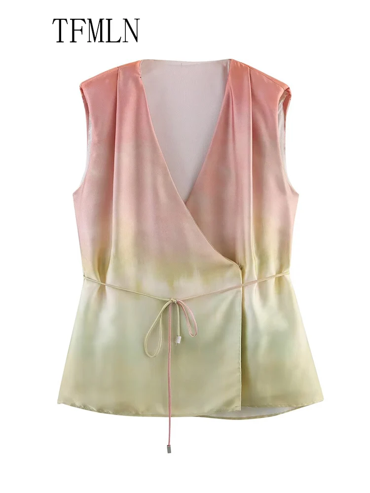 TFMLN 2025 Summer Sweet Women Tie Dye Top Pant Suit Fashion Sleeveless V-neck Lace Up Top Zipper Straight Pant Causal Outfits