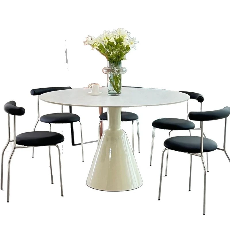 

French cream style pure white rock slab dining table household dining table and chairs