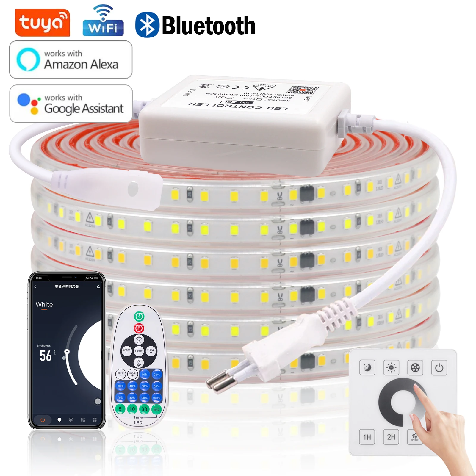 Dimmable Tuya Wi-Fi Fita LED, Fita, Fita, Impermeável, Flexível, Bluetooth, Adesivo, 220V, 2835, 120LEDs