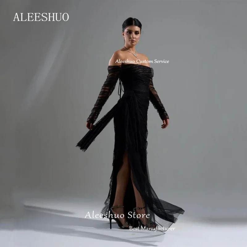 فستان سهرة من Aleeshuo باللون الأسود بتصميم حورية البحر من الدانتيل بسيط بدون أكتاف وفتحة جانبية للحفلات الراقصة مثير بدون ظهر مخصص
