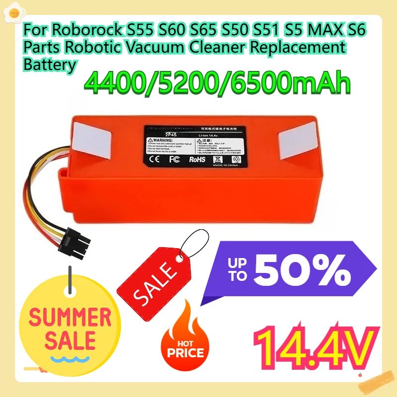 

For Roborock S55 S60 S65 S50 S51 S5 MAX S6 Parts Robotic Vacuum Cleaner Replacement Battery 14.4V 4400/5200/6500mAh
