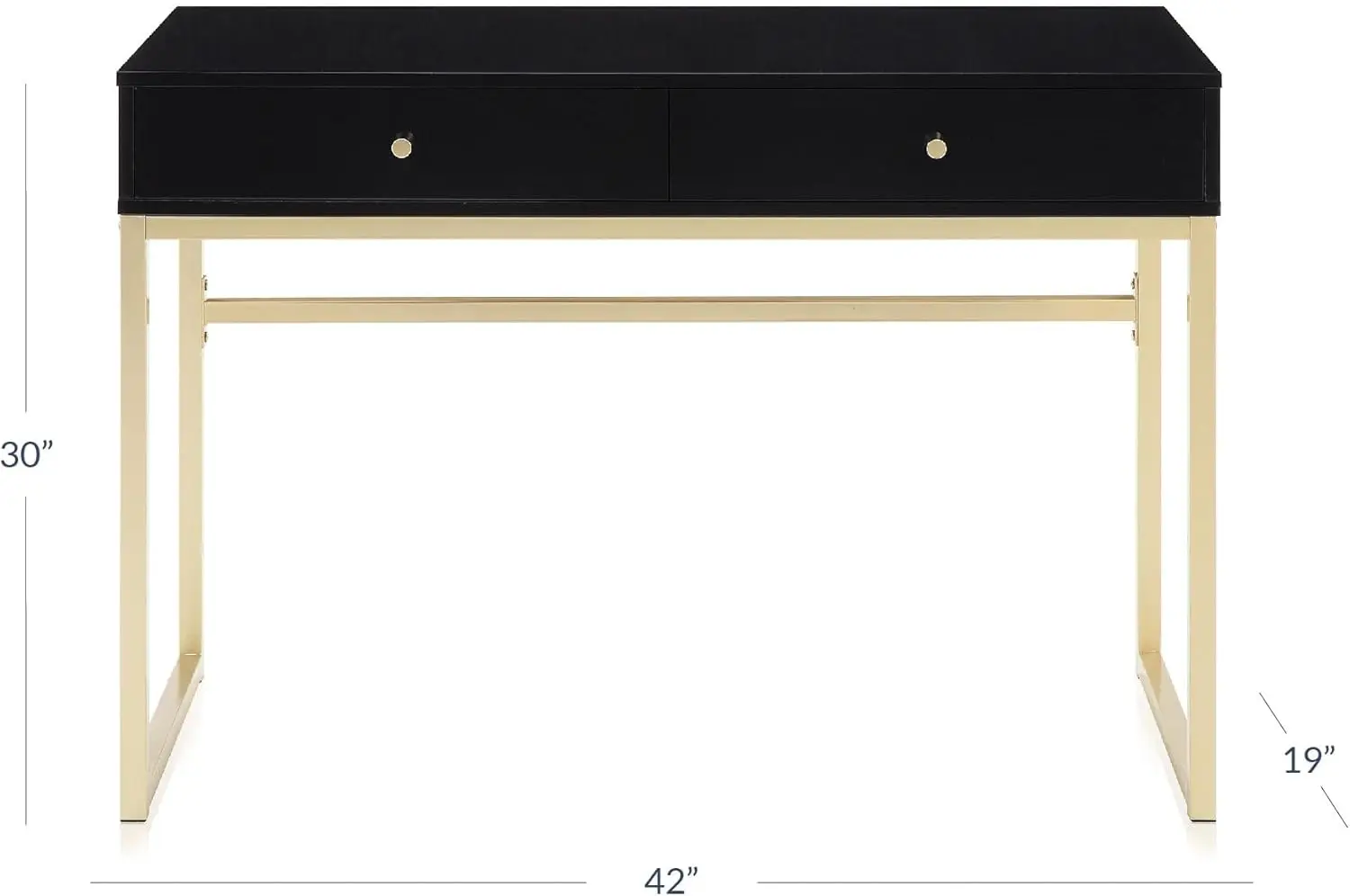 42 Inch Makeup Vanity or Home Office Desk for Bedroom, Black Wood Top with Gold Metal Frame, Two Storage Drawers - view 3