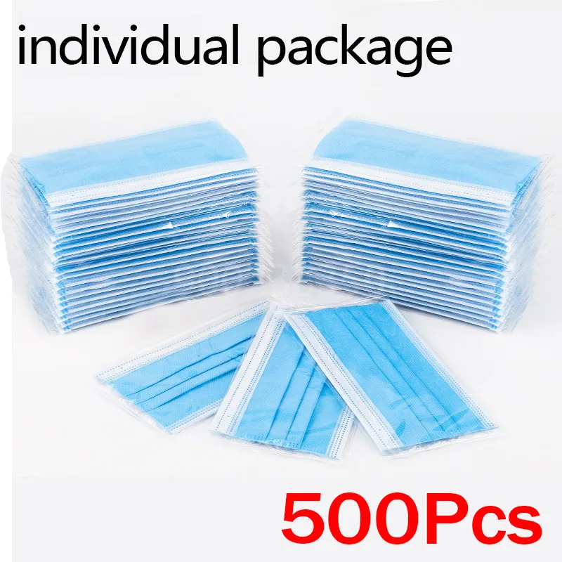 

10-500pcs Disposable Adults individual package Masks Filter Meltblown Non-wove Face mask blue Breathable Protective masque mask
