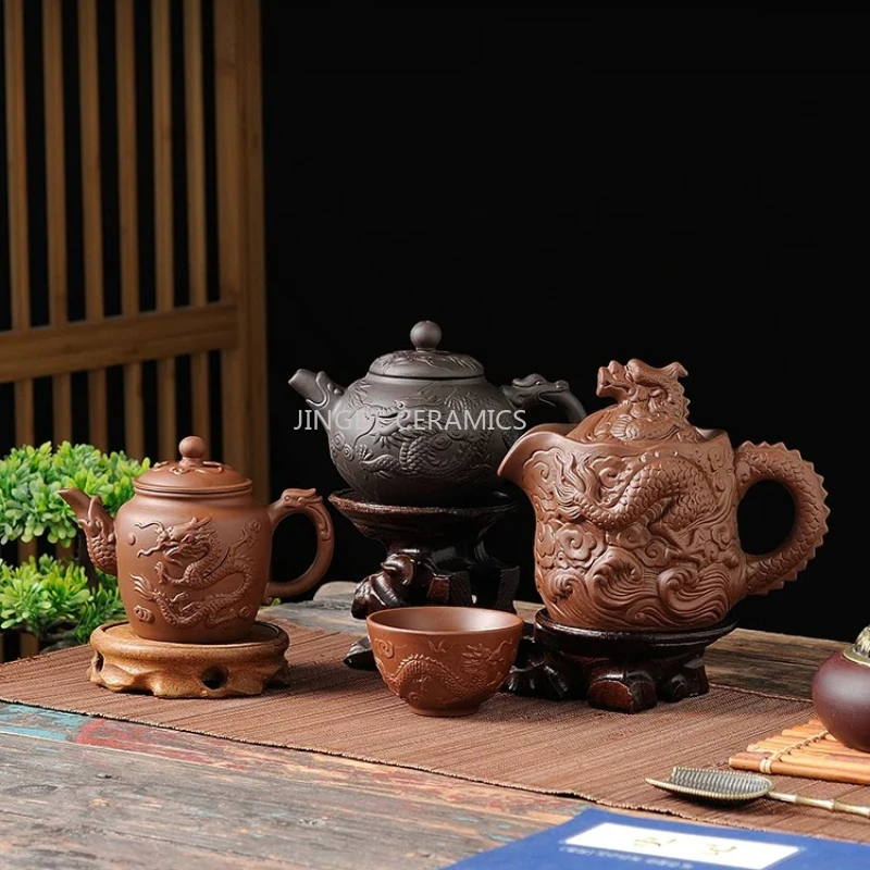 Yixing Lila Ton-Teekanne, Filter-Teekanne, Haushalts-Kung-Fu-Teetasse, Chinesischer Stil Teezeremonie-Zubehör mit Relief-Drachen-Design