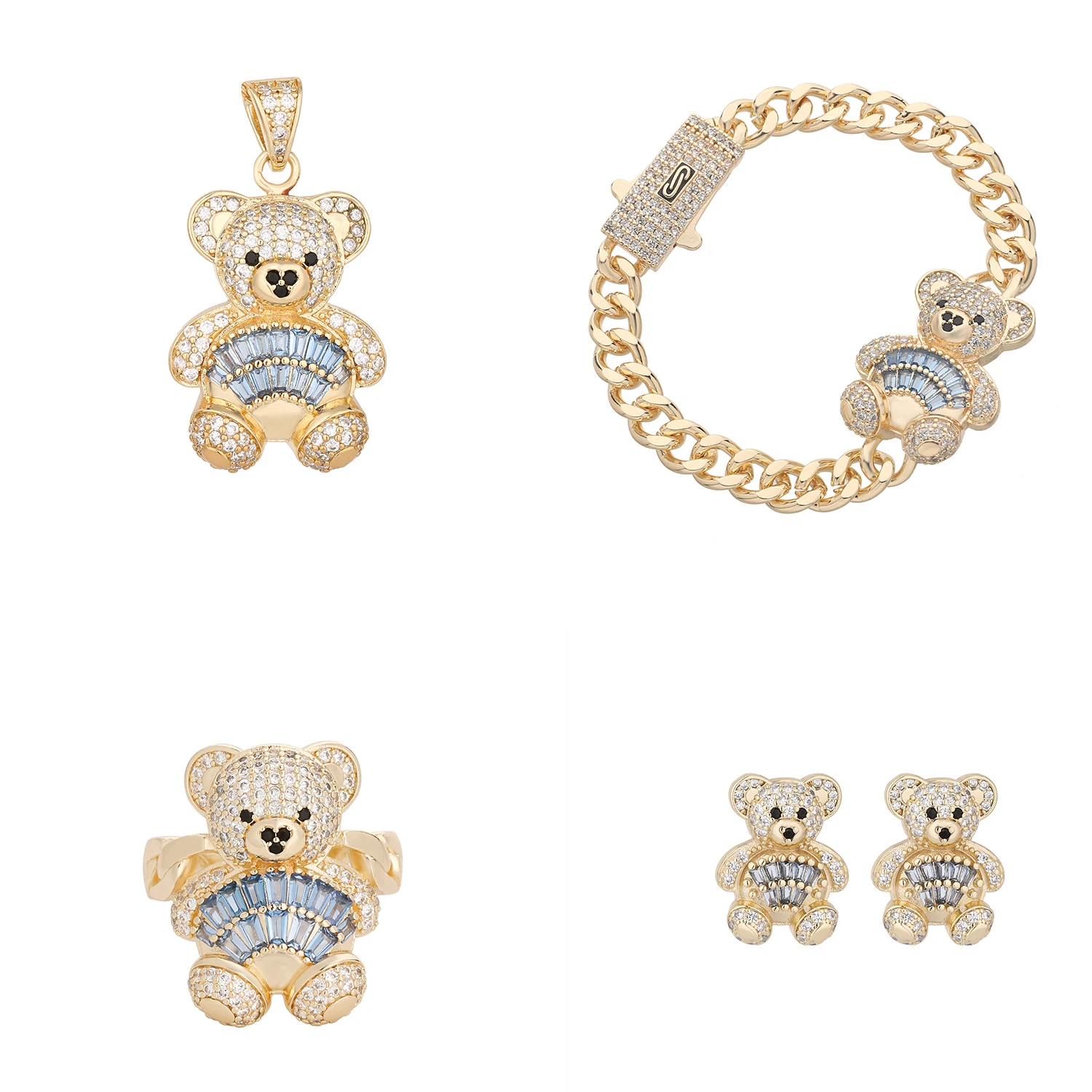 Bear pendant bracelet earring ring set, four-piece jewelry set for girlfriend as a gift, support wholesale