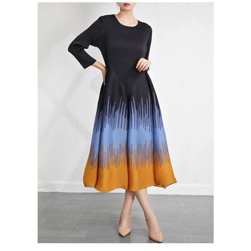 

GGHK Miyake Pleated Color Collision Women Dress Loose Big Yards Retro Design Evening Party Dresses Autumn New Female Clothing