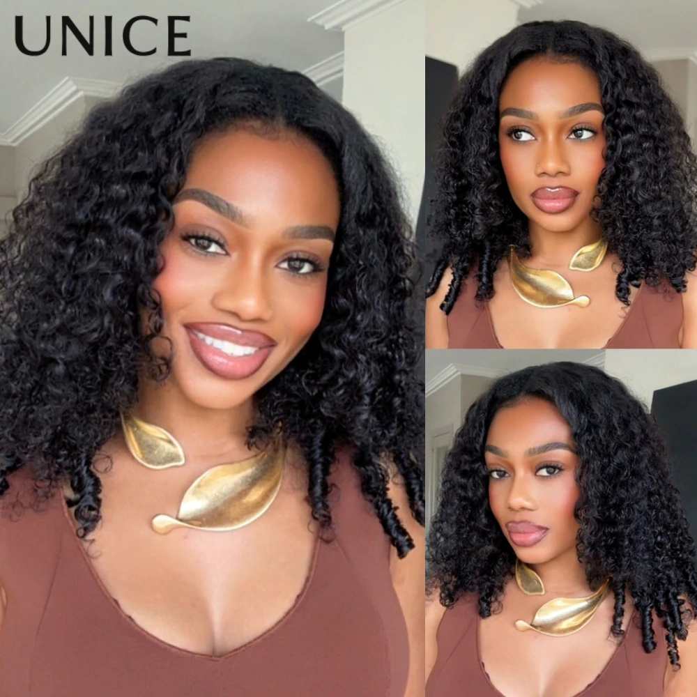 

UNICE Hair Invisi Drawstring Curly V-образный парик с кончиками пальцев 100% человеческие волосы на клипсе V-образный парик 180% плотность