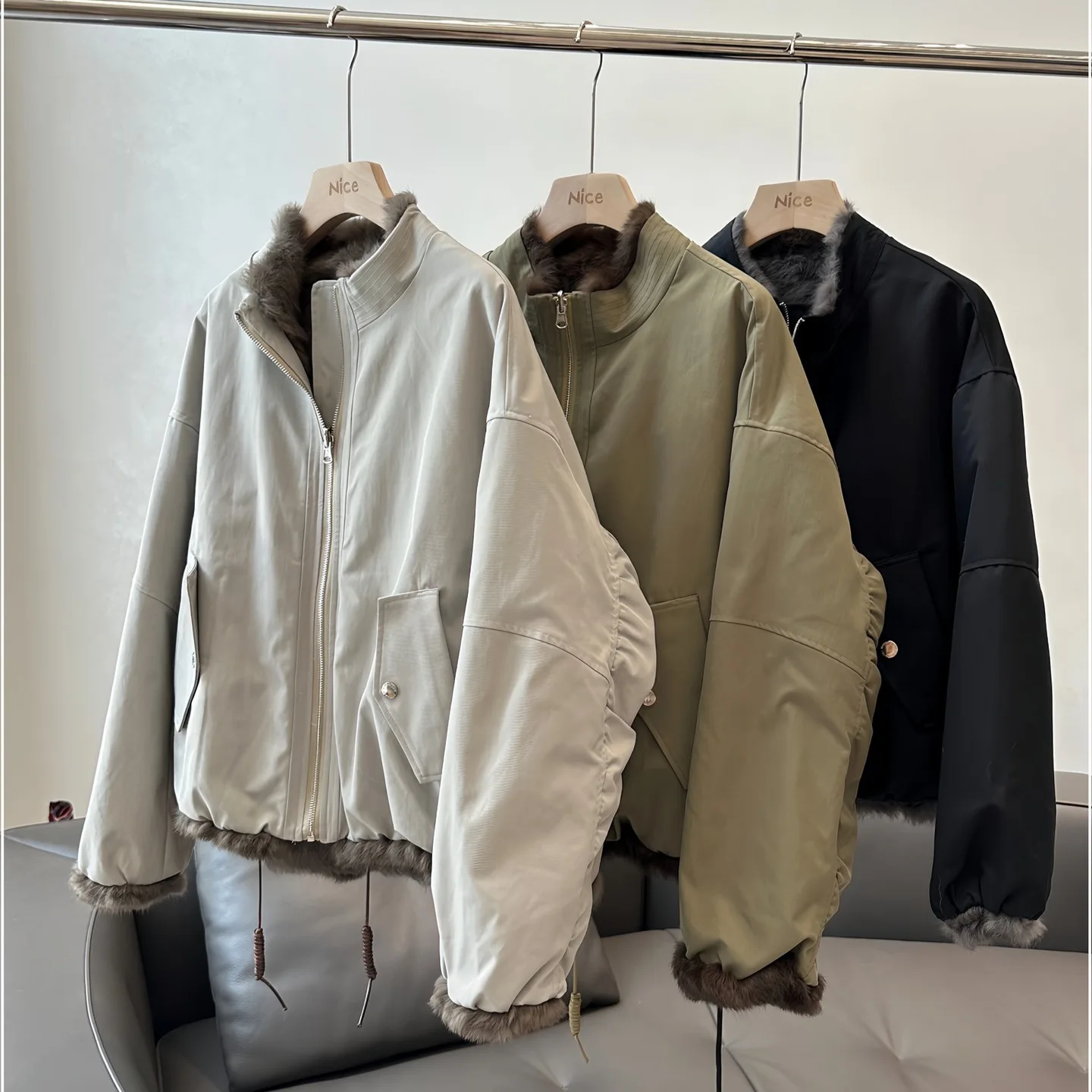 2025 dupla face usar casaco de pele de coelho feminino inverno curto parkas engrossar jaqueta quente solto casaco senhora streetwear outerwear