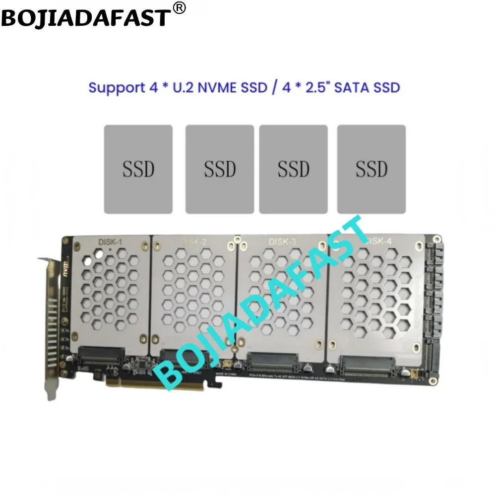 PCI-E 4.0 16X PCIe X16 To 4 x U.2 SFF-8639 U2 NVME SSD Adapter Card (Motherboard Support PCIe x4x4x4x4 Bifurcation)