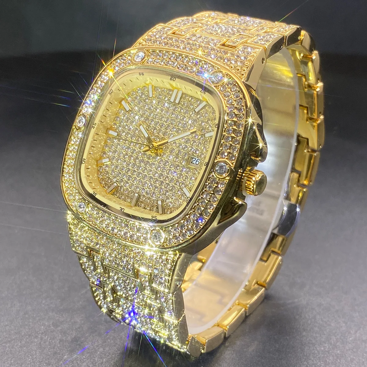 Square Wrist Watch for Men Women Shiny Full Stone Couple Quartz Watches Fashion Jewelry Classical Watch Clock Gold Silver Color view 2