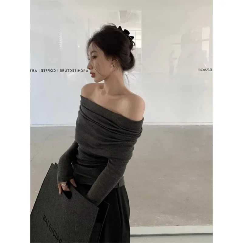 

Early spring new style women's off-shoulder sweater with a big lapel, soft and elegant, long-sleeved knitted top