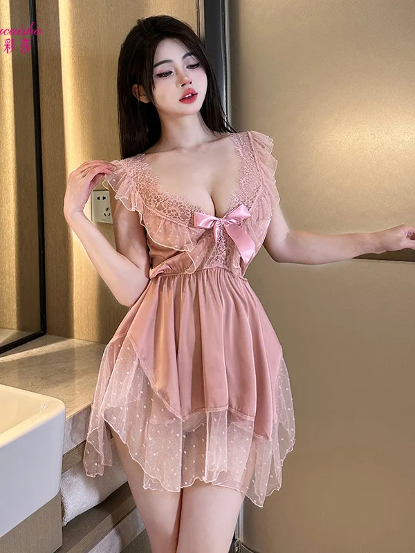 Fun Sexy Women V Neck Dot Dress Gauze Erotic Charm Mature Elegant Gentle Soft Romantic Passion Bowknot Sweet New Style Q6JT