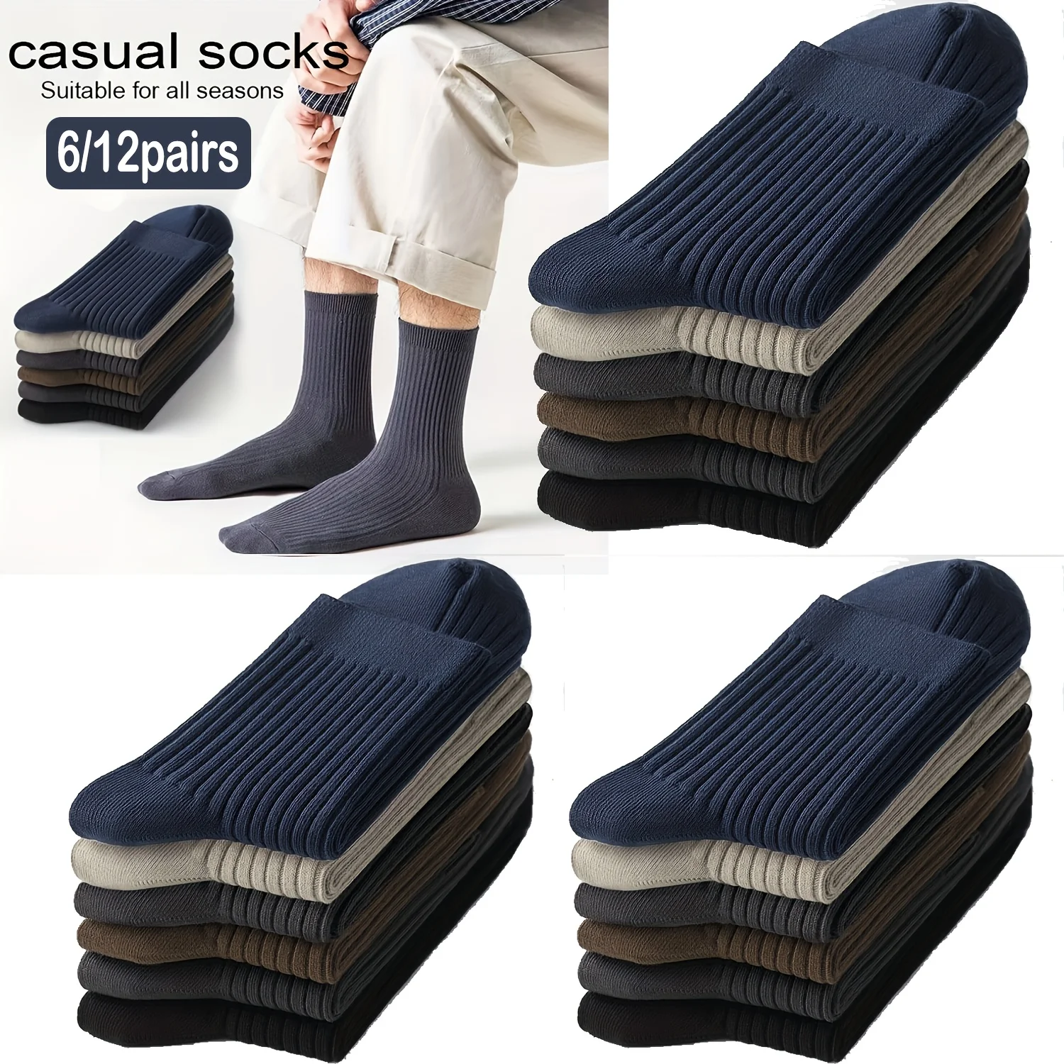 

6/12 Pairs of Men's 100% Cotton Crew Socks: Moisture-wicking, Breathable, Soft, and Stretchy Mid-calf Sports Socks