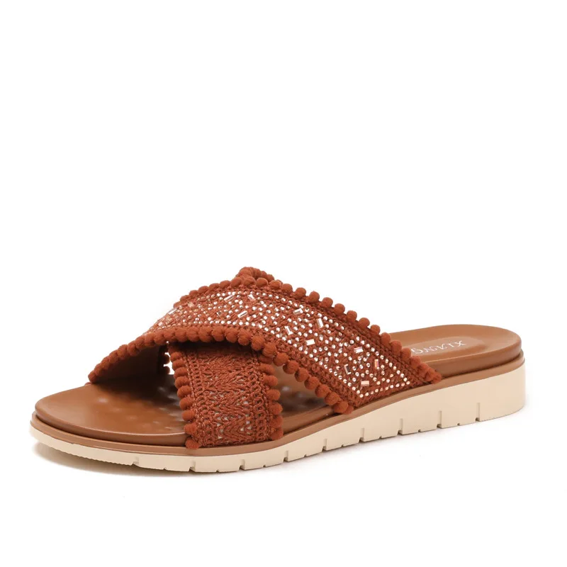 

Женские пляжные шлепанцы в богемном стиле с вышивкой и стразами, с перекрестными ремешками, для отпуска