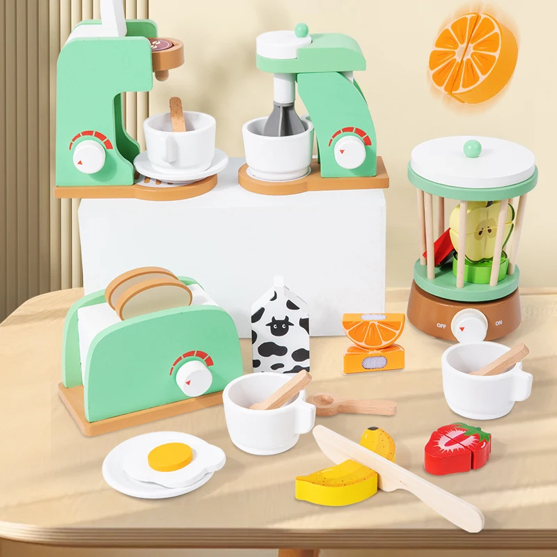 1pc Wooden Pretend Play Kitchen Appliance Toy Set with Optional Juicer, Blender, Bread Maker, and Coffee Maker