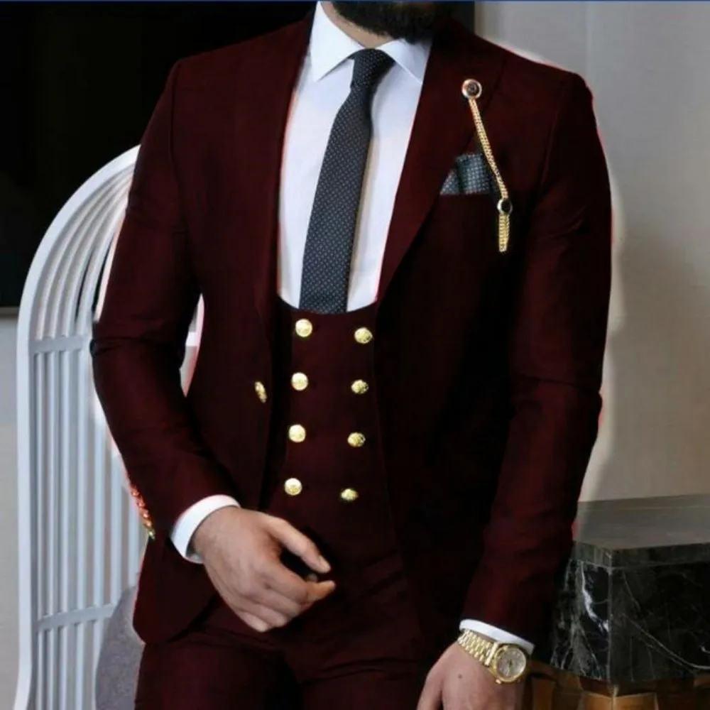 

2023 Burgundy 3 Pieces Men Suits Slim Fit Wedding Grooms Tuxedos One Button Formal Prom Business Suit (Jacket +Pants+Vest)