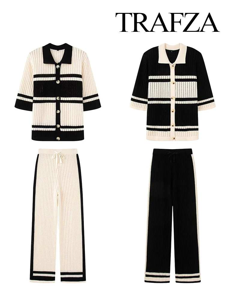 

TRAFZA Women Autumn New Fashion Hollow Stripe Suit Lapel Short Sleeve Shirt+Temperament Commuting Versatile Drawstring Trousers