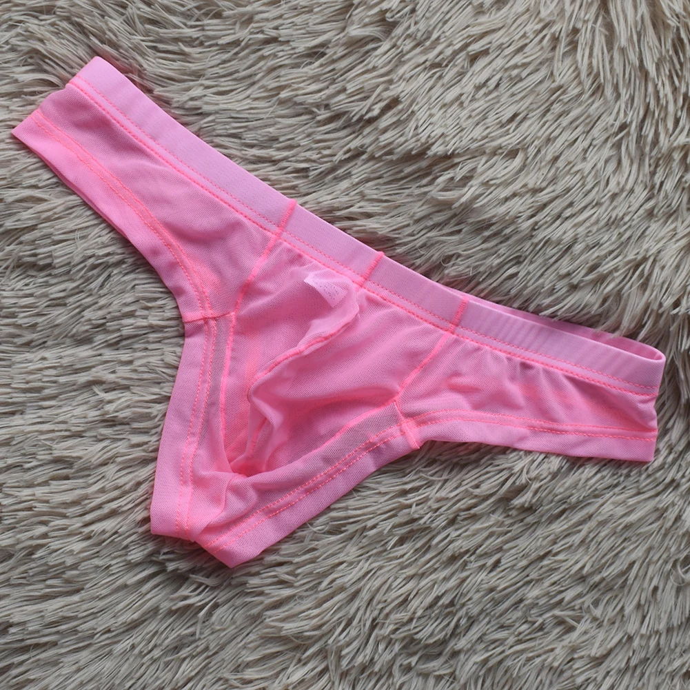 Comfortable Men's Transparent Mesh Thongs G Strings Low Waist Underwear with Pouch Design Stretchy Nylon Spandex Fabric