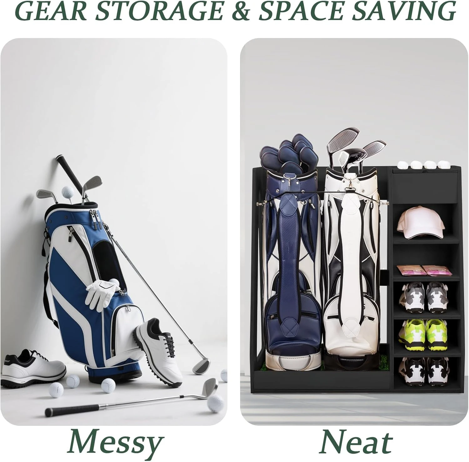 골프백 2개 보관용, 자작나무 합판 목재 정리대(차고용 - Golf Equipment Organizer For Garage 리뷰 및 가격