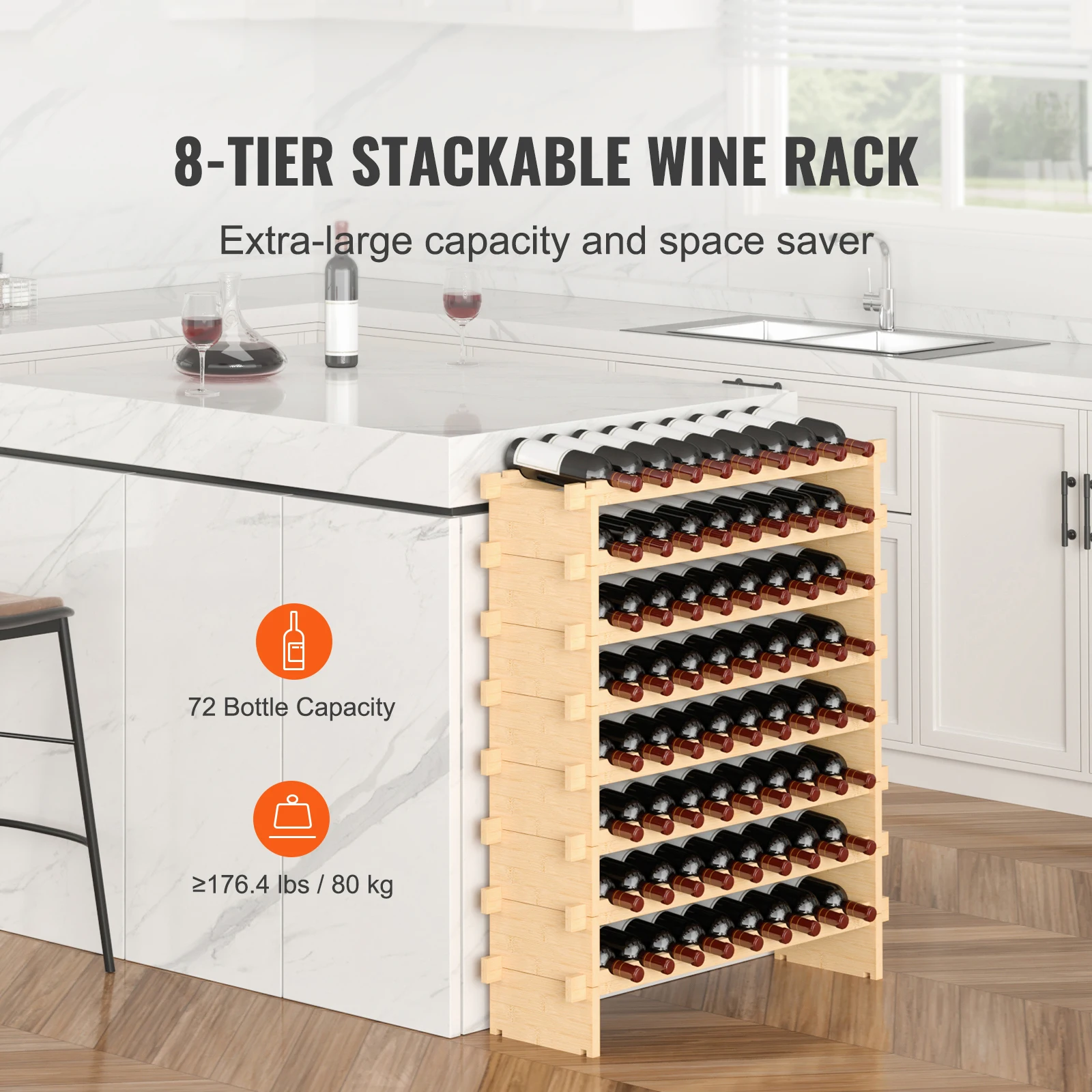 SucceBuy 72 Bottle Stackable Modular Wine Rack Free Standing Wine Storage Rack Bamboo Wine Holder Display Shelves for Cellar