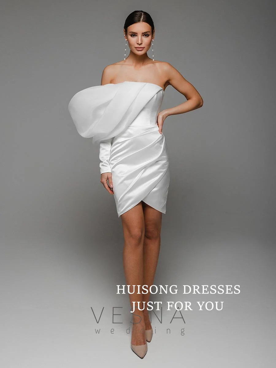 

HUISONG Customized Short Satin Mermaid Wedding Dresses One Shoulder Mini Bridals Gowns Beach Wedding Party Dress свадебное плать