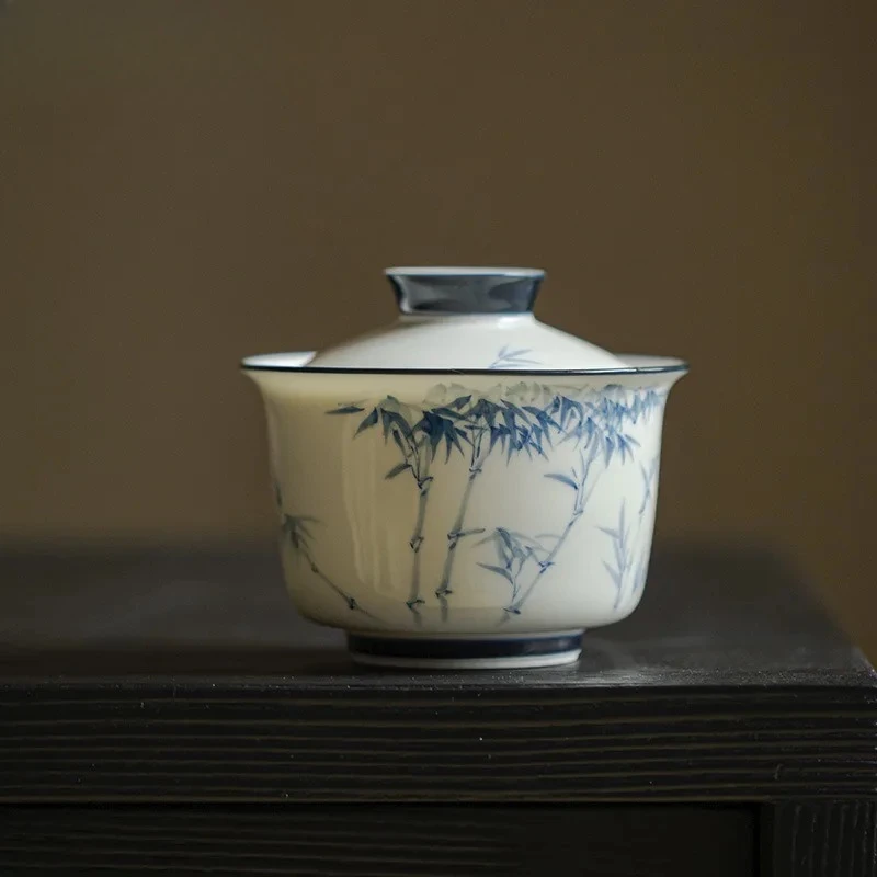 

140ml Hand-painted Blue And White Bamboo Gaiwan Retro Tea Tureen Tea Bowl With Lid Kit Tea Maker Cover Bowl Teaware Craft Gift