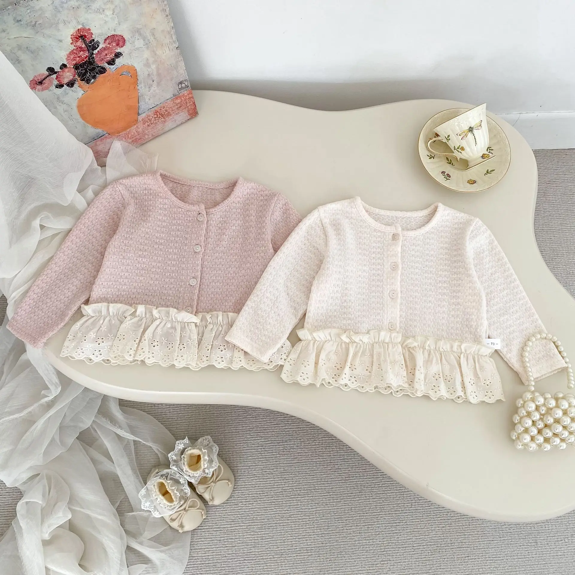 

New Foreign Style Baby Girl Lace Splicing Cardigan Top Knitted Jacquard Girls Jacket Long Sleeve Outing Clothes