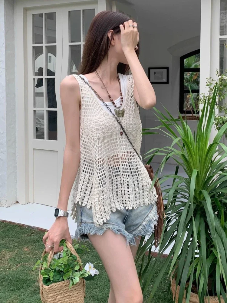 

Sweater Vests Women Sweet Korean Hollow Out Casual Knitting V-neck College Soft Fashion Summer All-match Sleeveless Streetwear