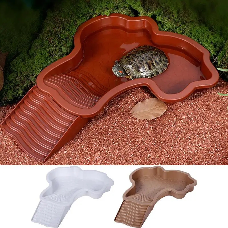 Piscina de banho para répteis, prato de alimentação, pote de água com escada, tartaruga, paisagem, decoração de tanque de peixes para tartaruga gecko