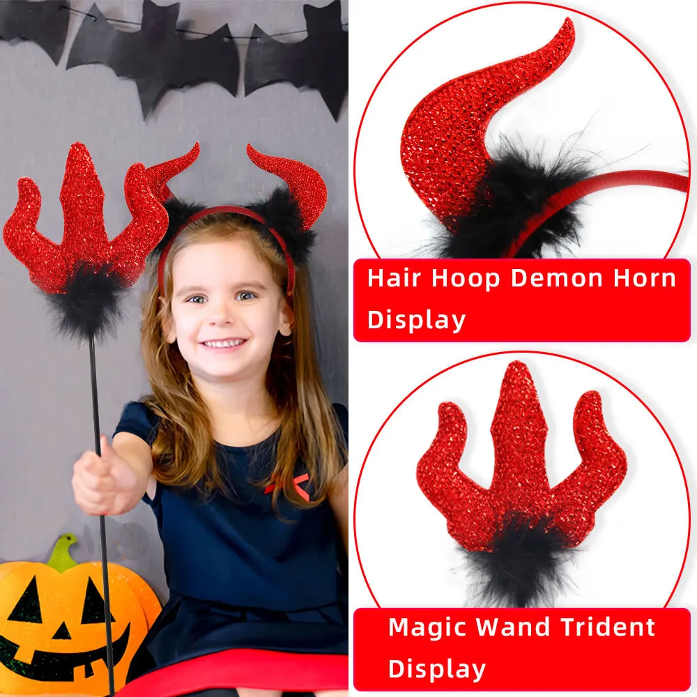 Three Sets Halloween Red Devil Set Festival Makeup Ball Performance Props Bull Horn Headband Trident Cane