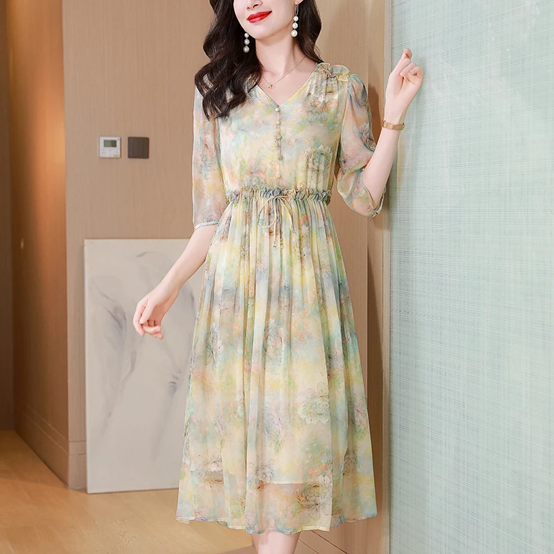 

100% Real Silk Women's Floral Print Dress 2024 Summer Elegant Fashion Dresses For Women V-neck Women Holiday Long Dress A-line