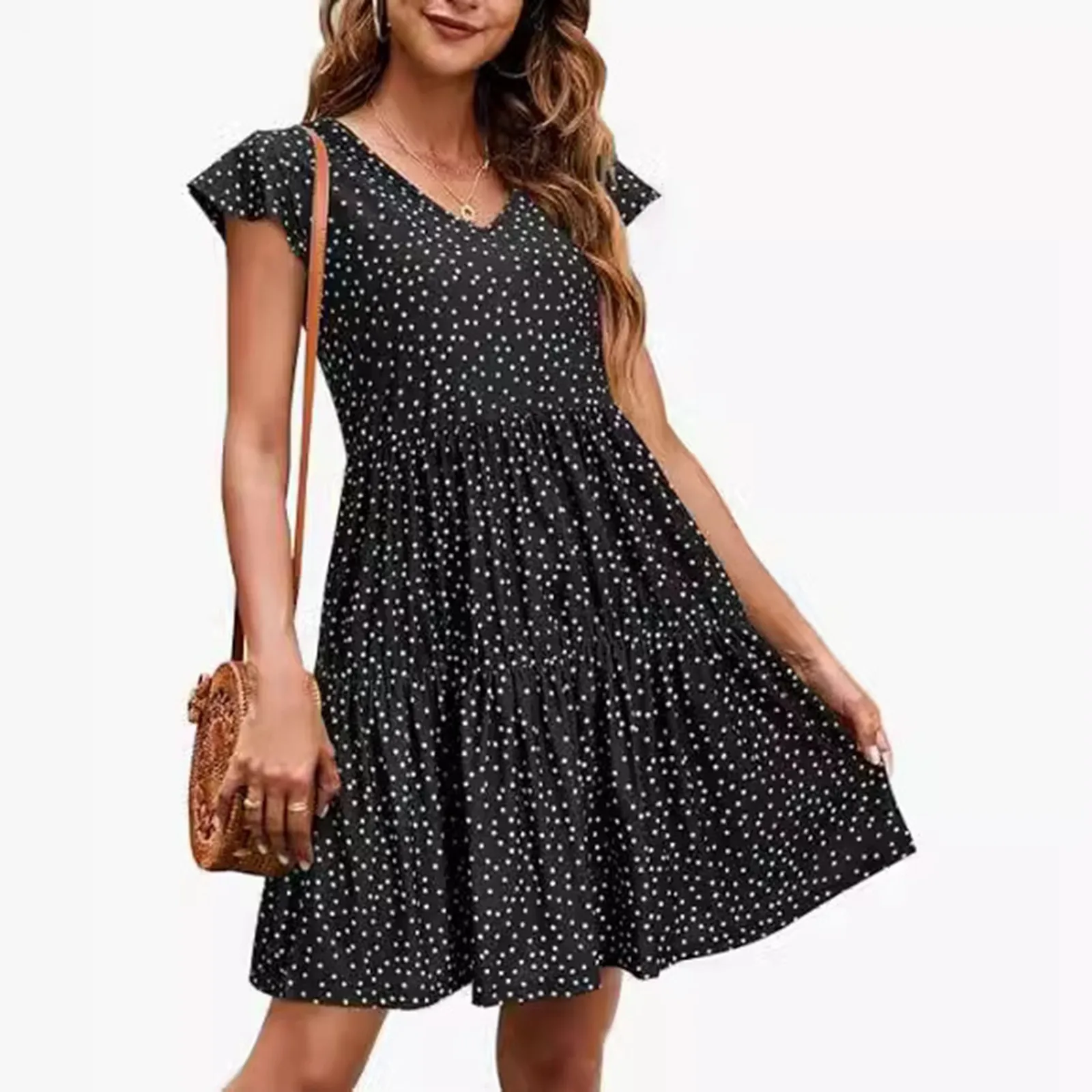 

Women Mini Dress Elegant Lady Sweet Fashion Casual Puff Short Sleeve V Neck Polka Dot Print High Waist A Line Swing Dress Summer