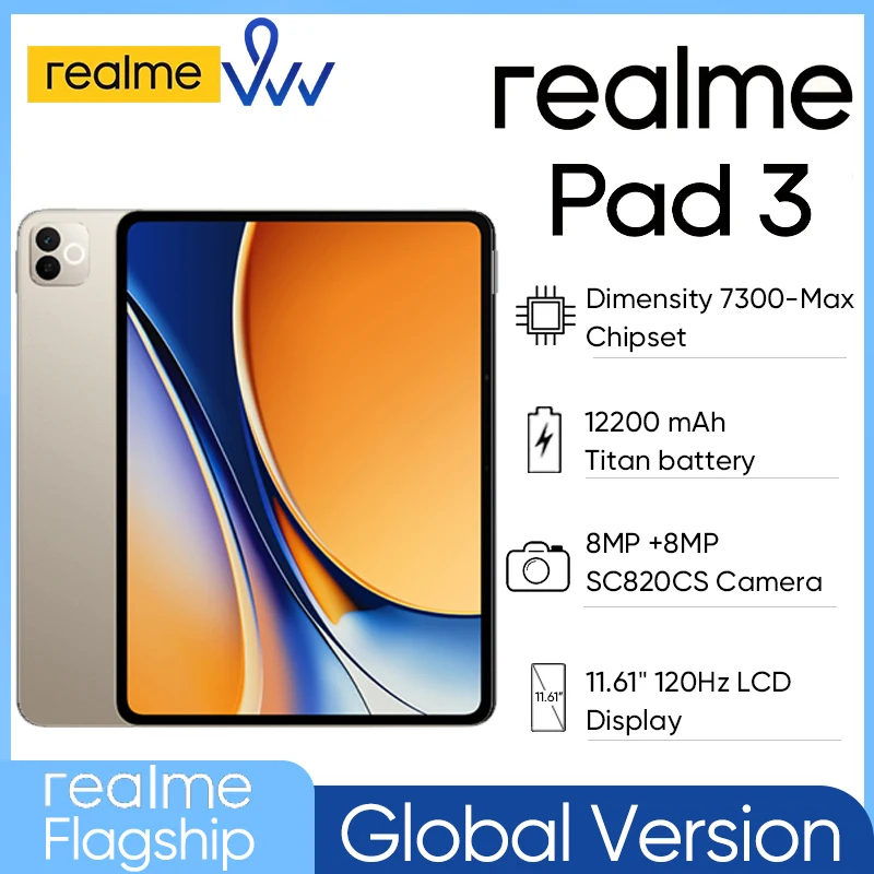 Global Version realme Pad 3 2.8K Book-View Display 12200mAh Titan Battery Dimensity 7300-Max Chipset
